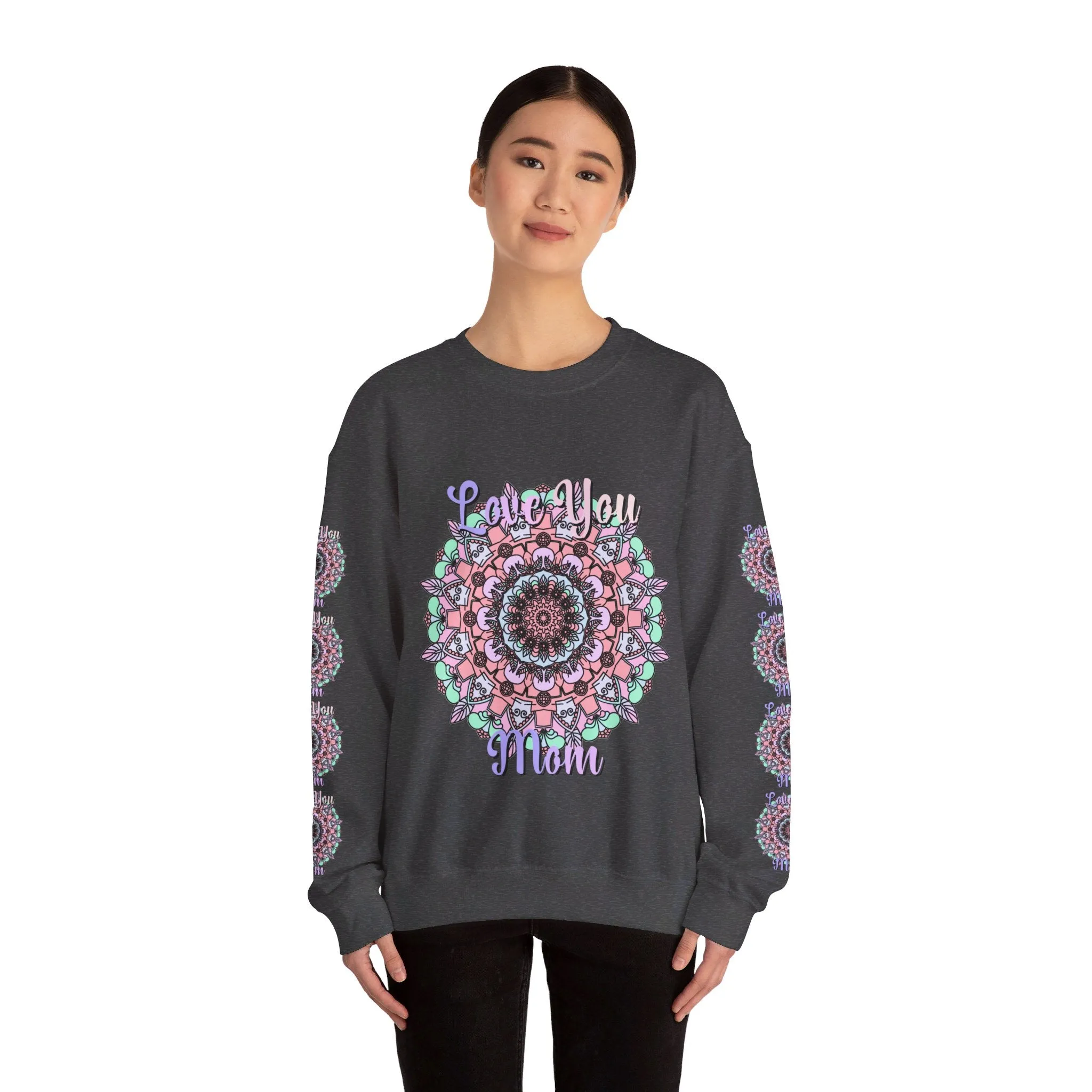 Handmade Mandala Design Crewneck Sweatshirt for Mom - Love You Mom