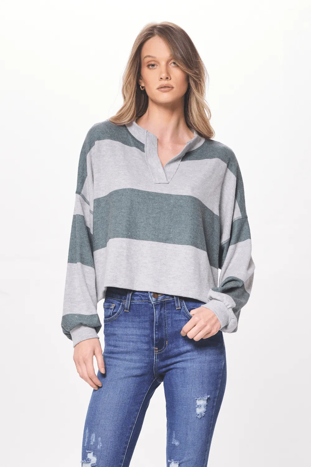 Heather Grey & Hunter Green Striped Rugby Long Sleeve Top