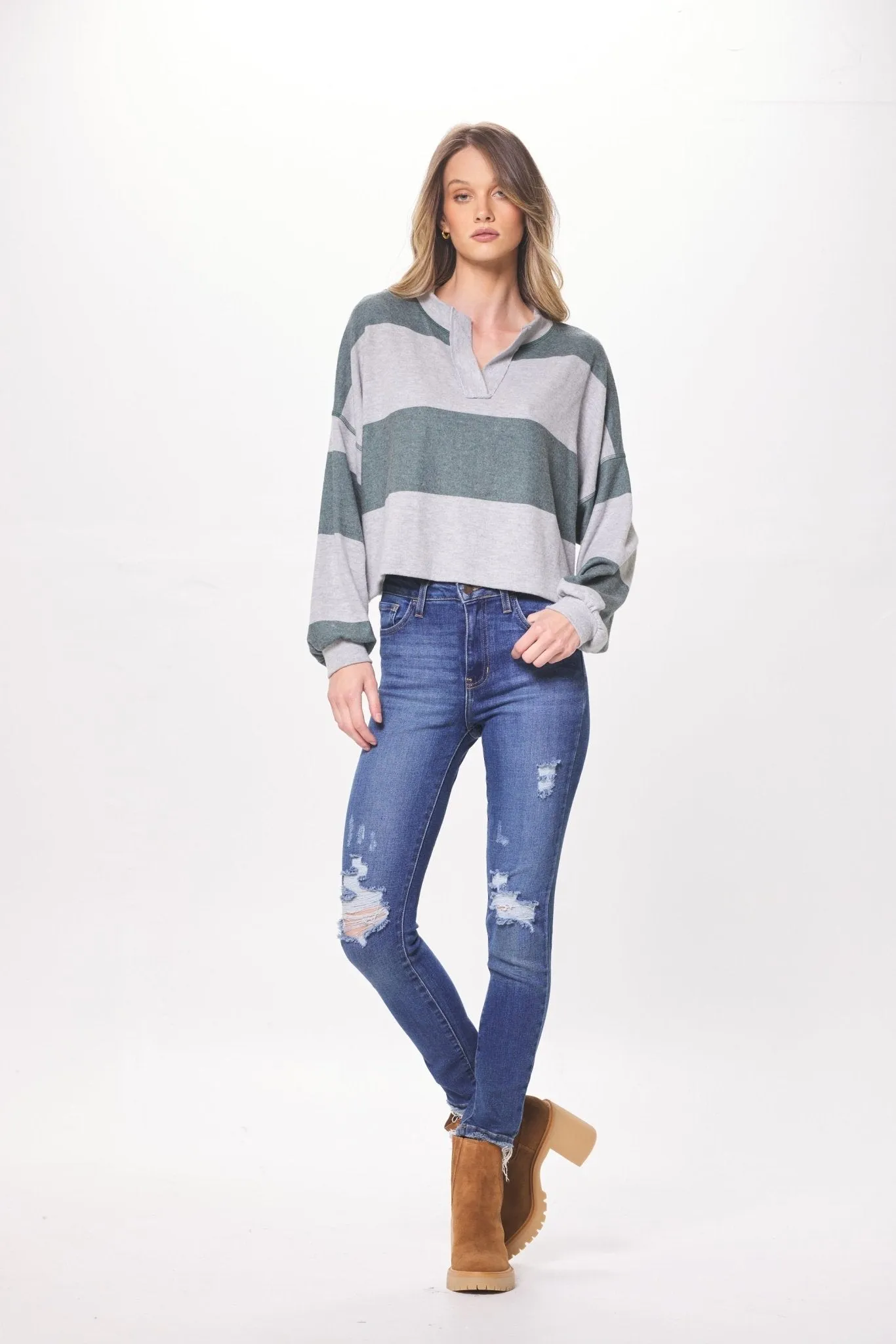 Heather Grey & Hunter Green Striped Rugby Long Sleeve Top