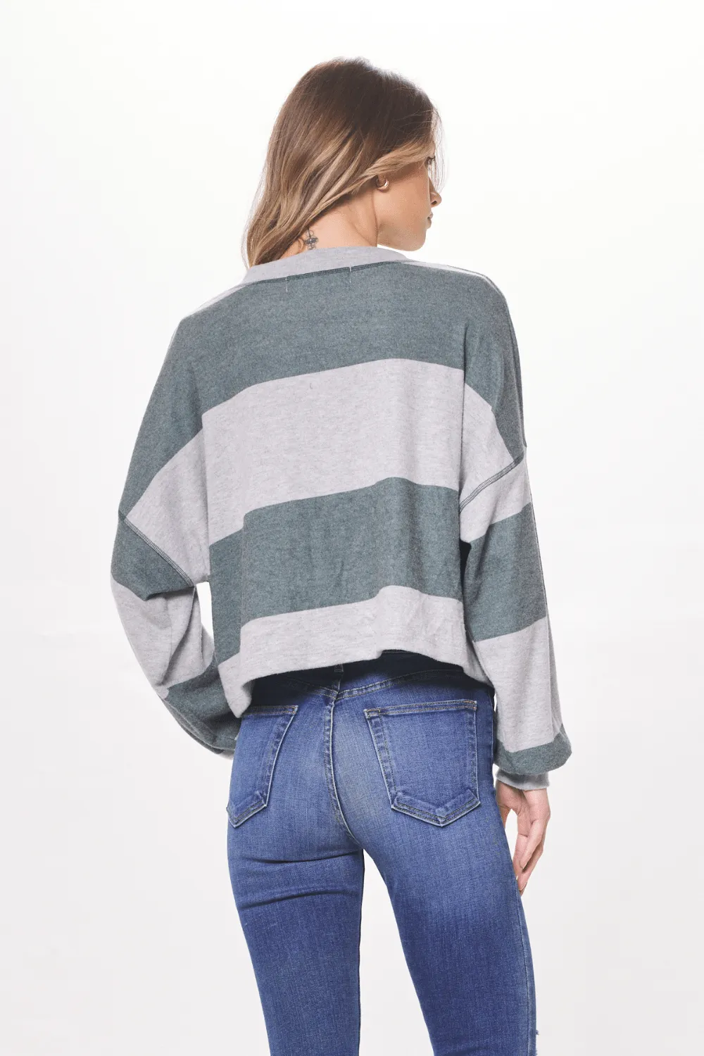 Heather Grey & Hunter Green Striped Rugby Long Sleeve Top