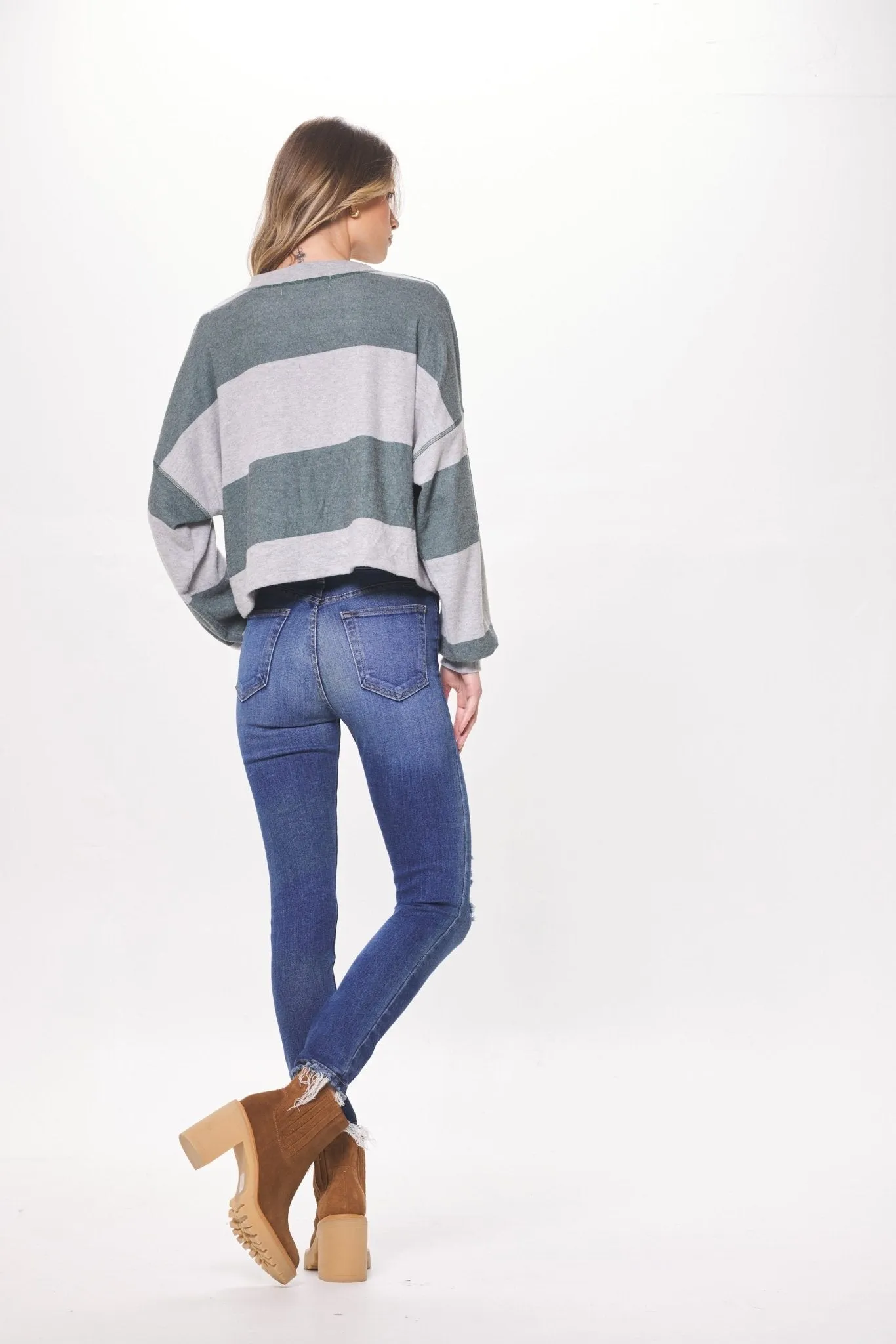 Heather Grey & Hunter Green Striped Rugby Long Sleeve Top