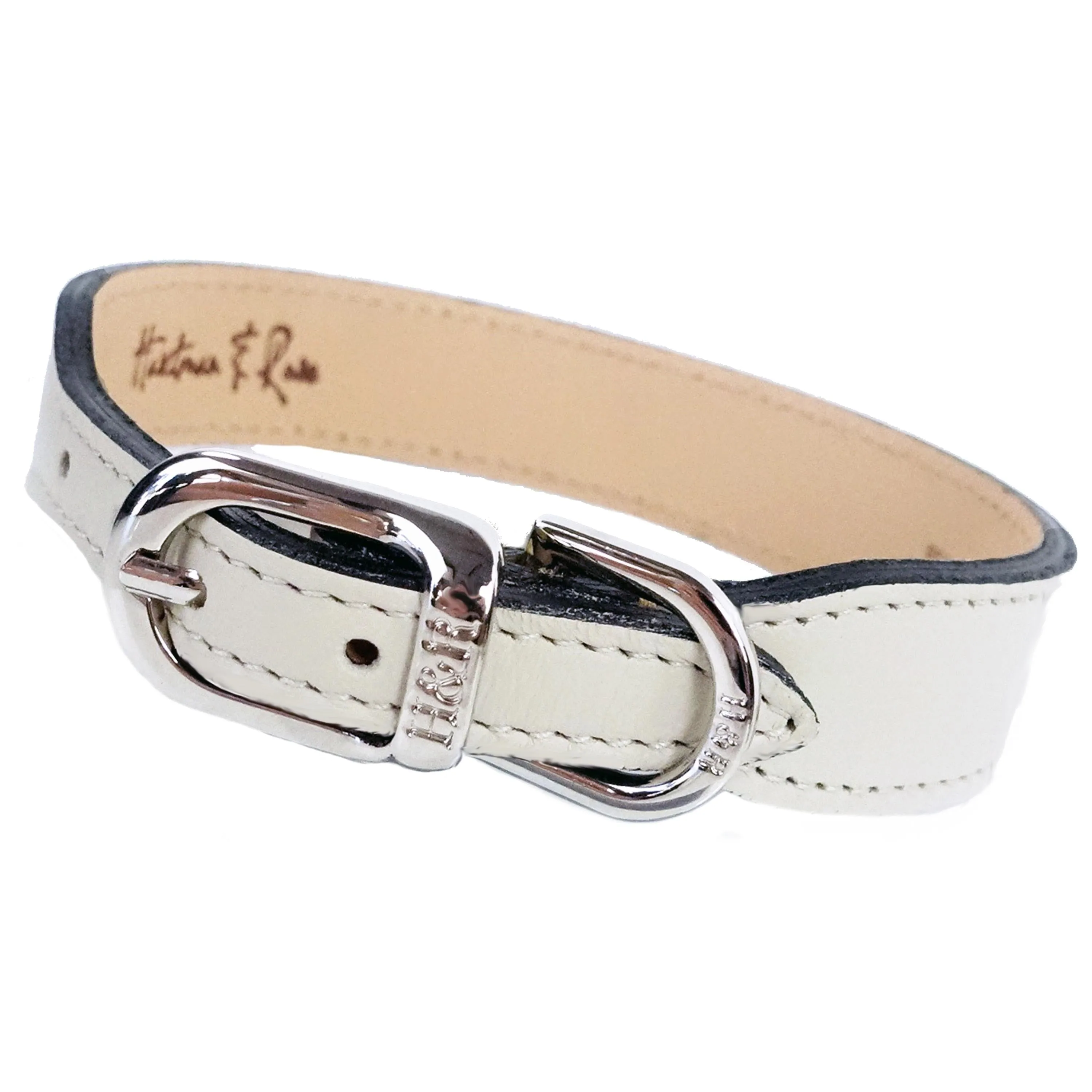 Italian Eggshell Leather Dog Collar in Nickel