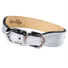 Italian Metallic Silver Leather Dog Collar in Nickel