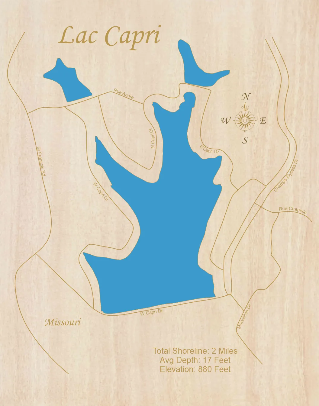 Lac Capri, Missouri - Laser Cut Wood Map