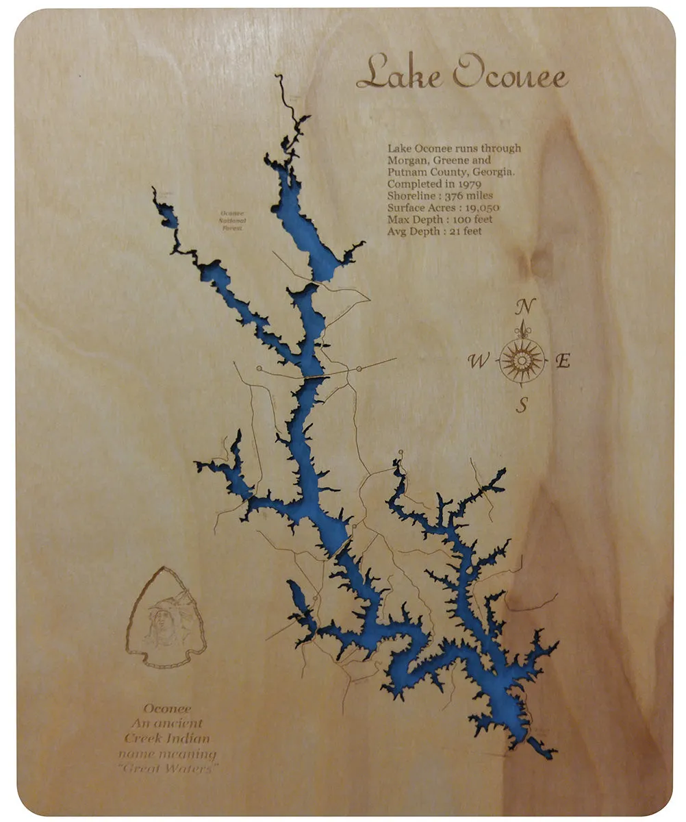 Lake Oconee, Georgia - Laser Cut Wood Map