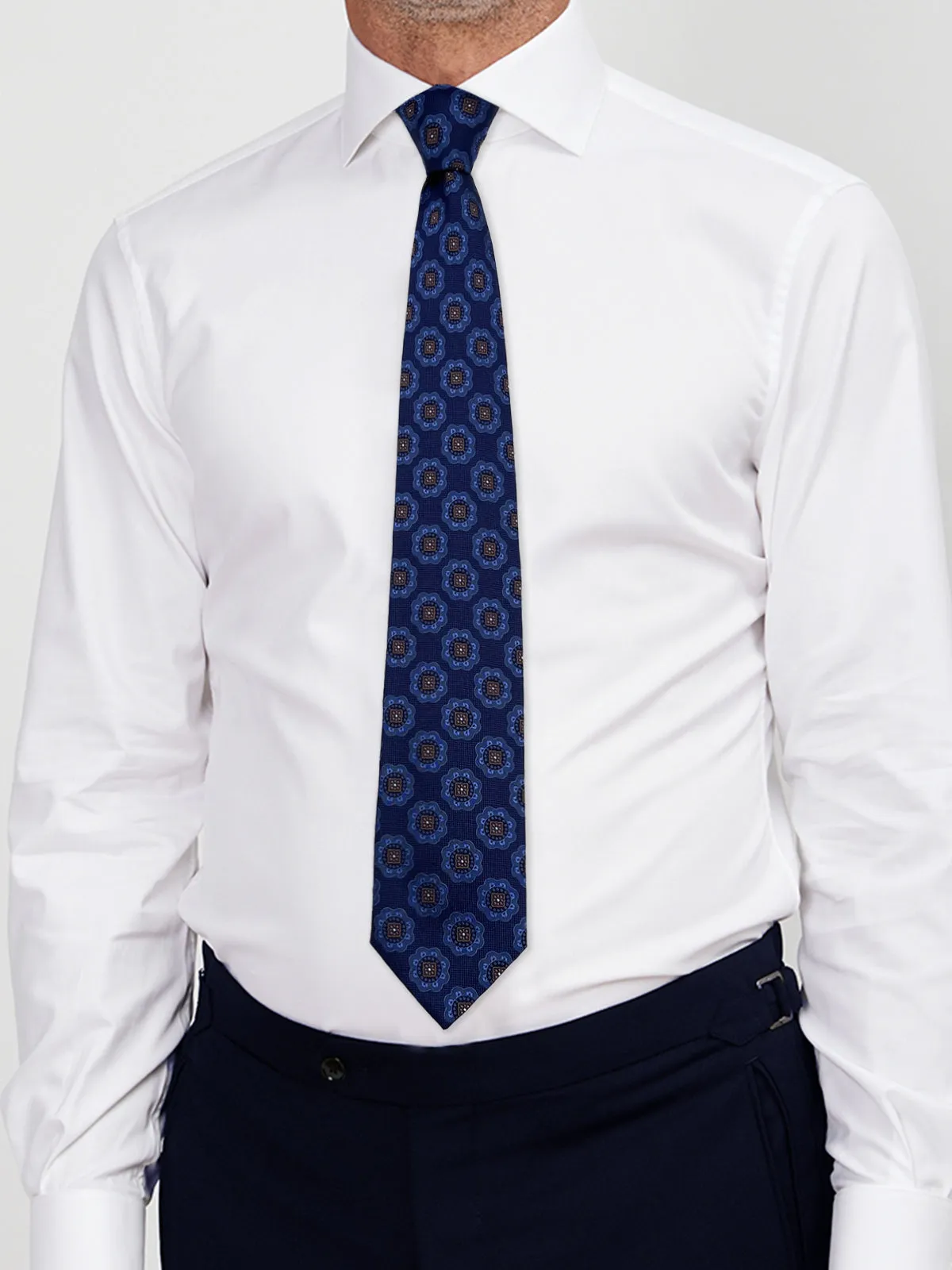 Large Mon Motif in Cobalt, Navy & Tan Tie