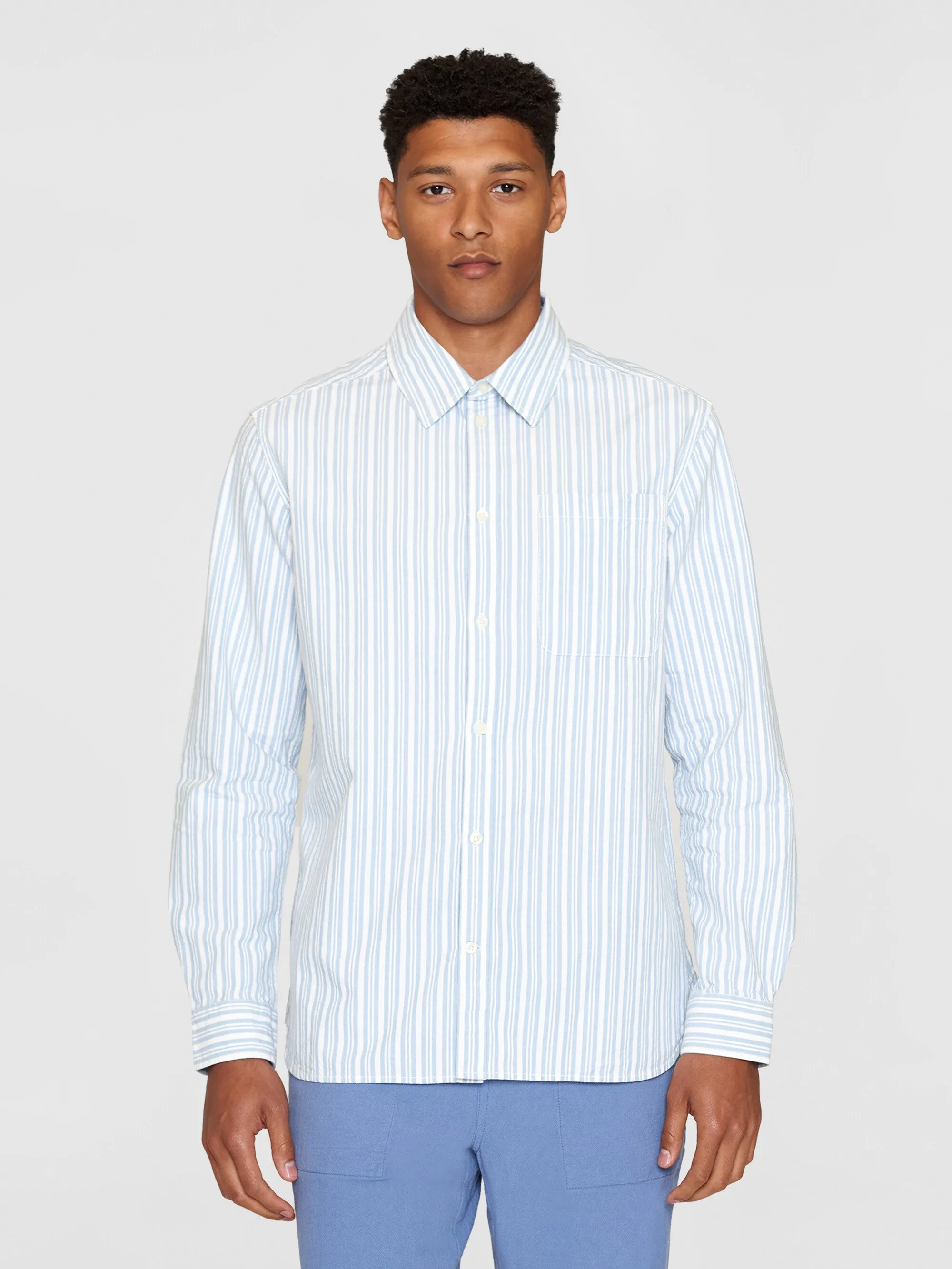 Loose striped slub canvas shirt - GOTS/Vegan - Blue stripe