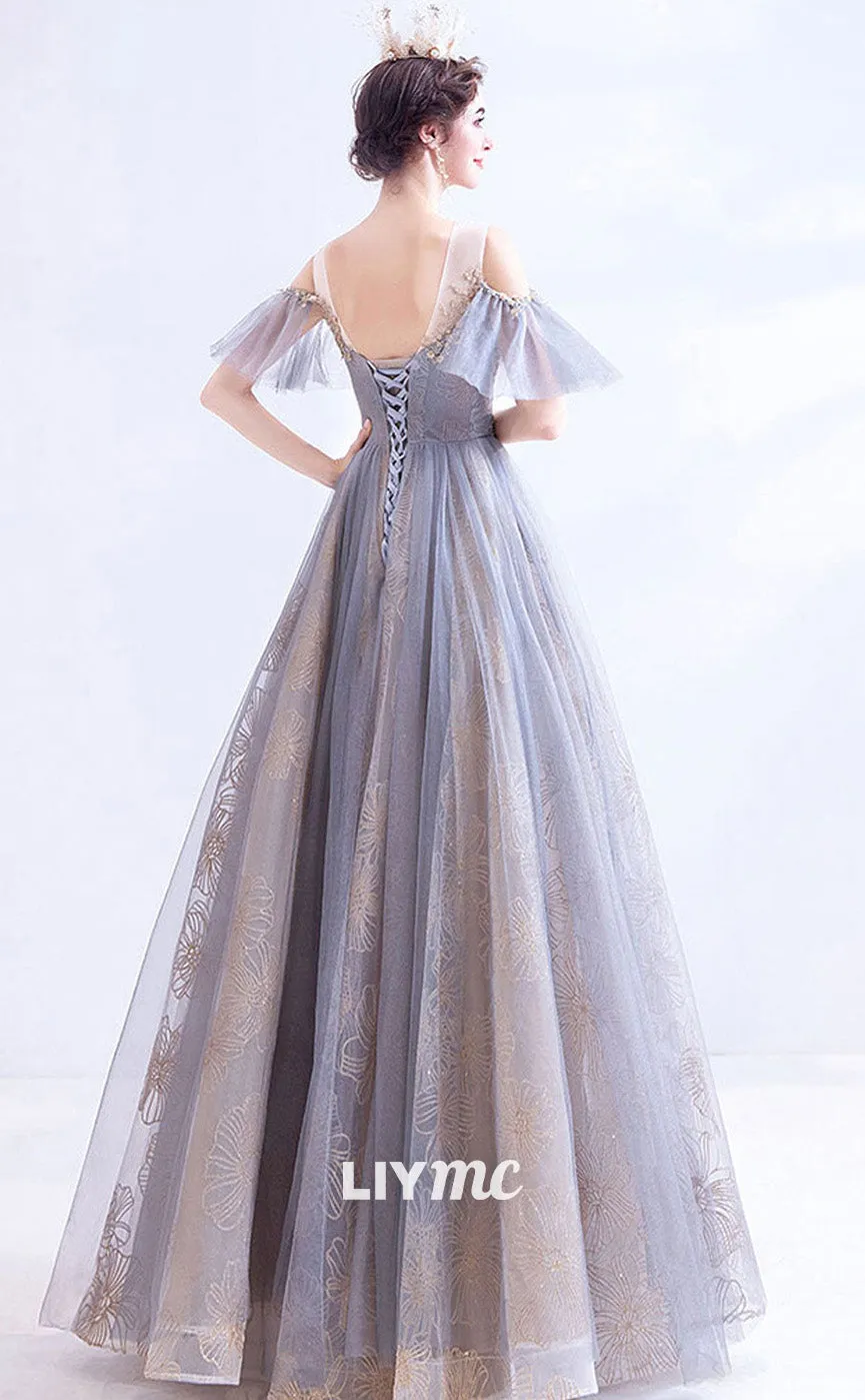 LP1887 - A-Line Scoop Neckline Gray Long Prom Dress, Tulle Lace Evening Dresses