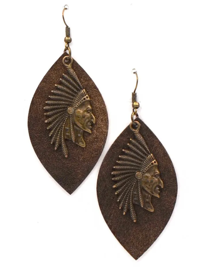 Montana West Leaf Shape Indian Head Earrings