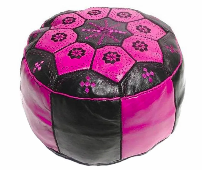 Moroccan Leather Tile Ottoman - Color Block Black & Fuchsia