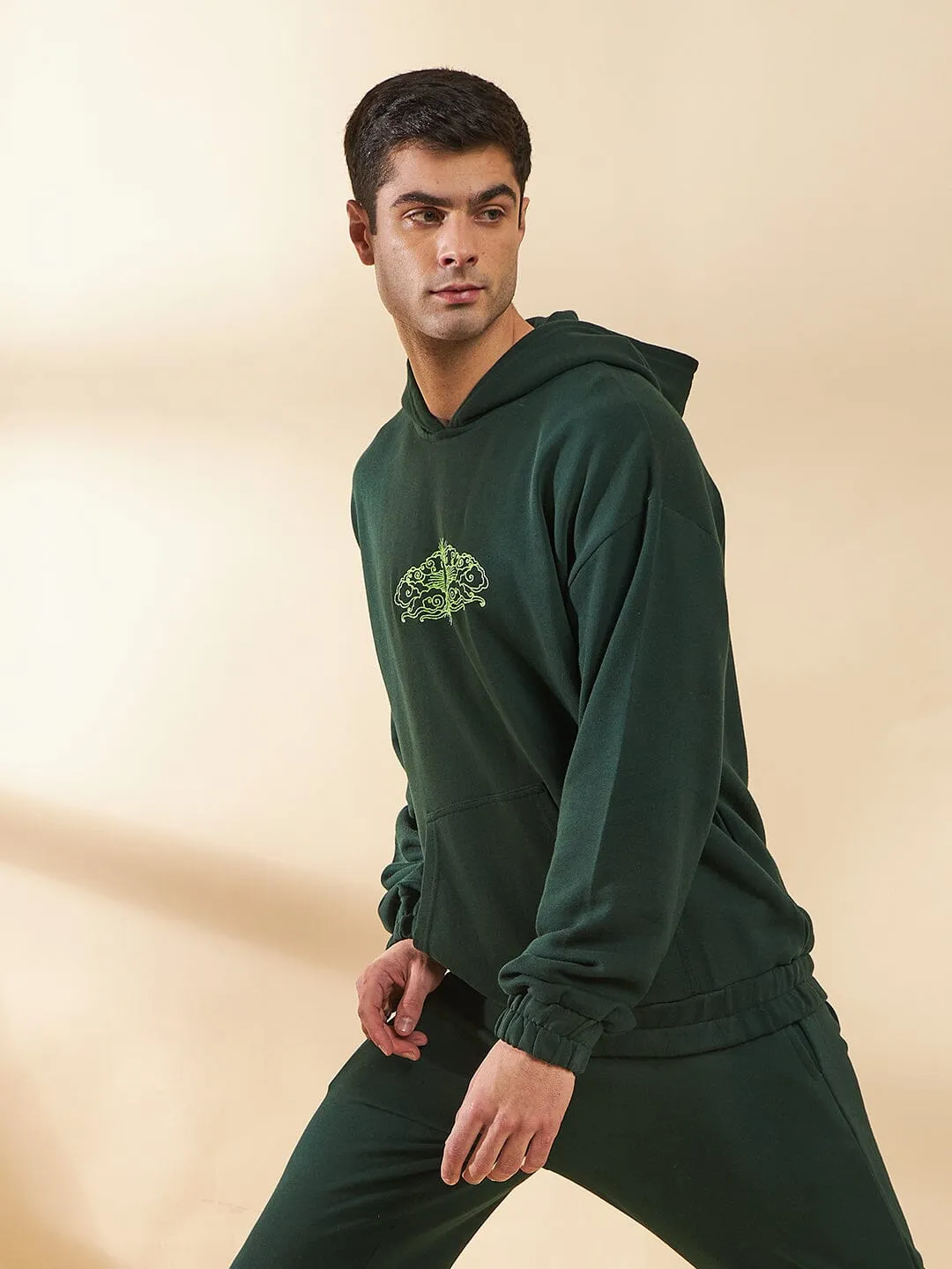 Moss Green Embroidered Oversized Hoodie