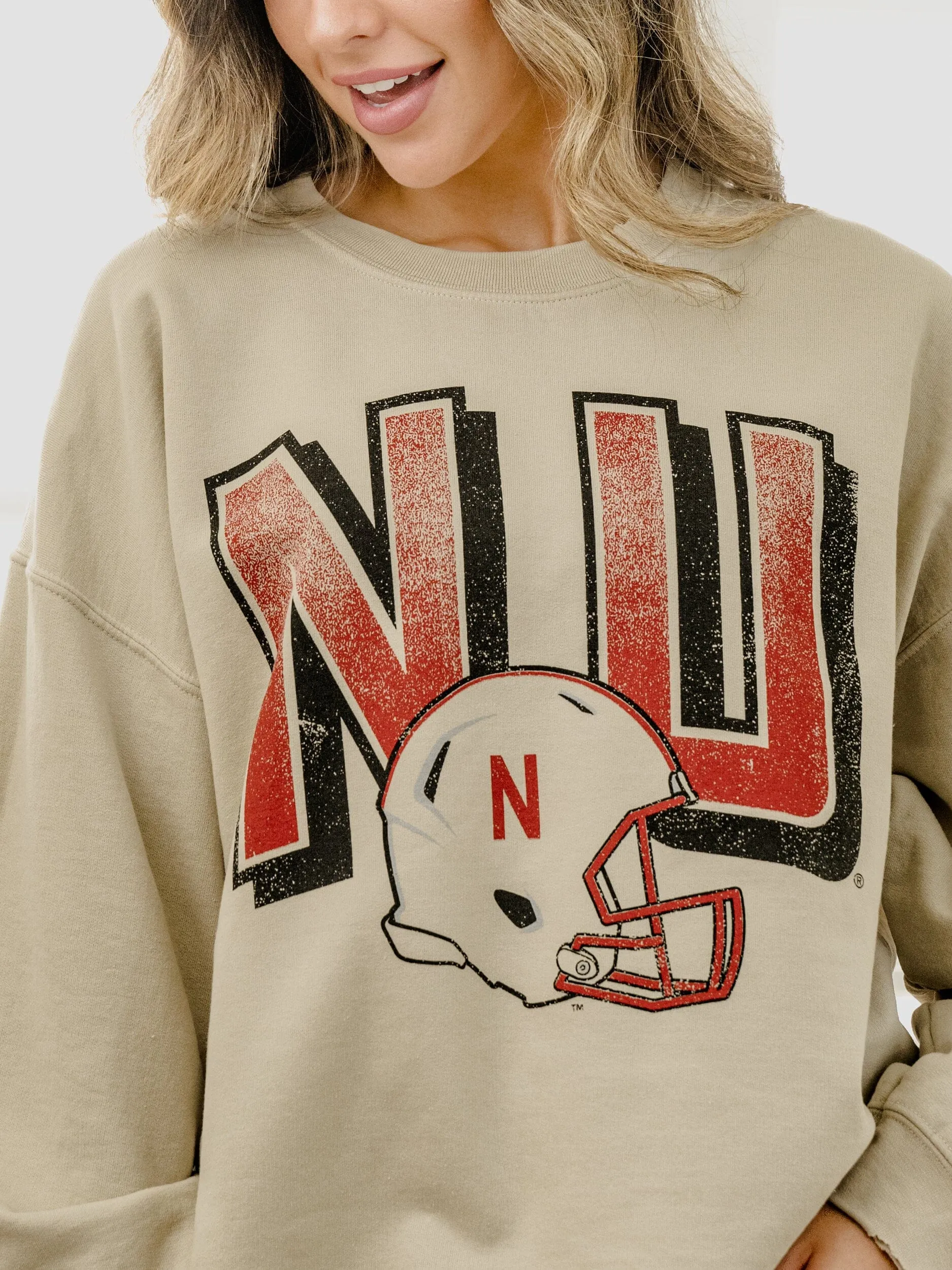 Nebraska Huskers Helmet Fade Sand Thrifted Sweatshirt