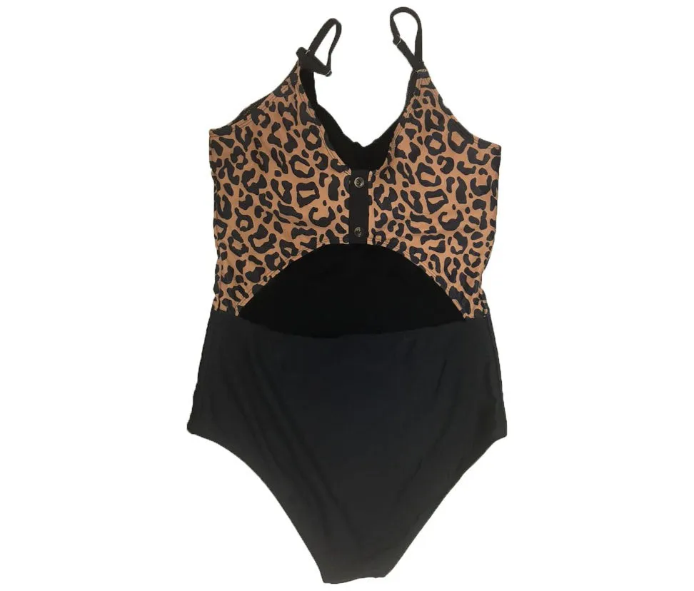 One Piece Back Cut Out Swimsuit- Leopard Color Block