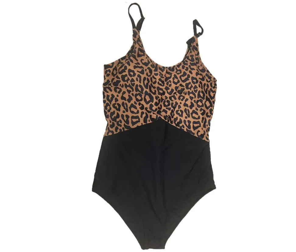 One Piece Back Cut Out Swimsuit- Leopard Color Block