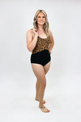 One Piece Back Cut Out Swimsuit- Leopard Color Block