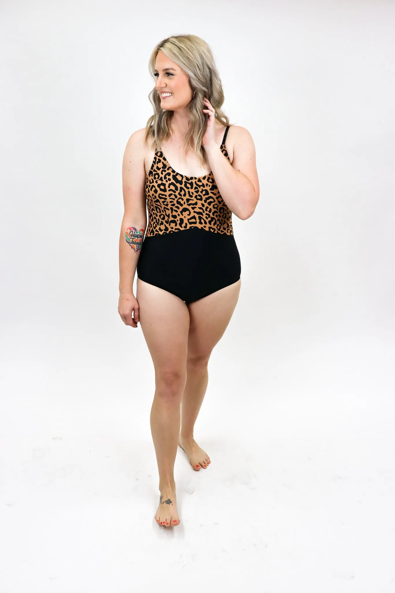 One Piece Back Cut Out Swimsuit- Leopard Color Block