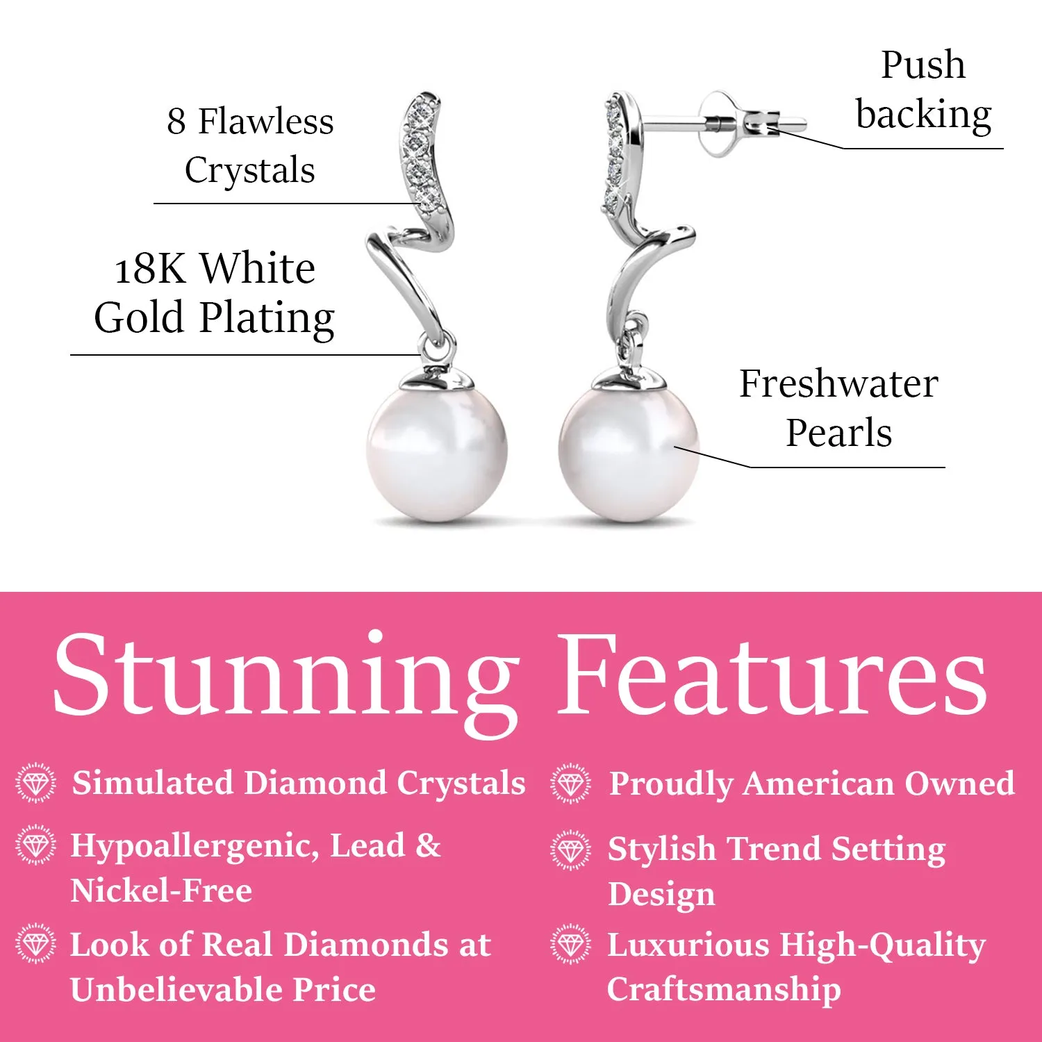 Ophelia 18k White Gold Plated Drop Pearl Crystal Earrings