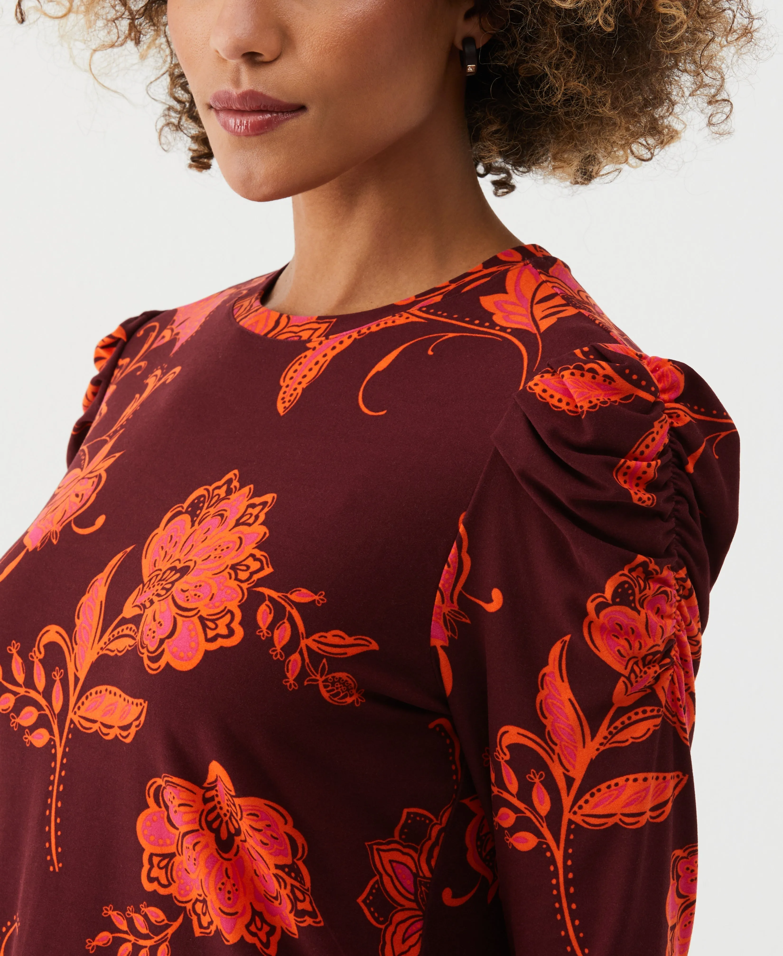 Petite Printed Crew Neck Puff Sleeve Top