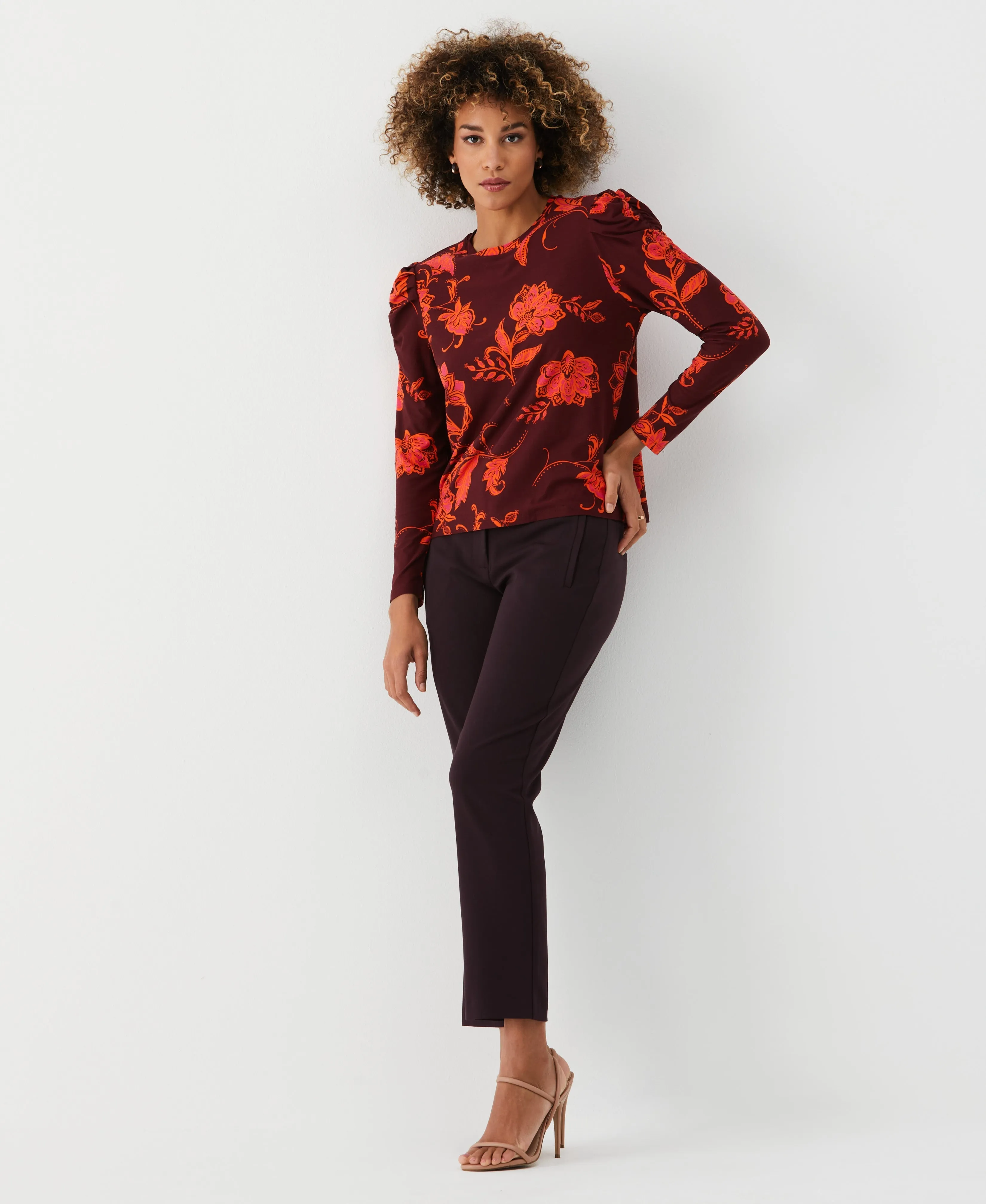 Petite Printed Crew Neck Puff Sleeve Top