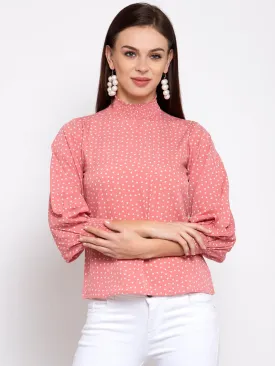 Pink & White Printed Puff Sleeves Crepe Top