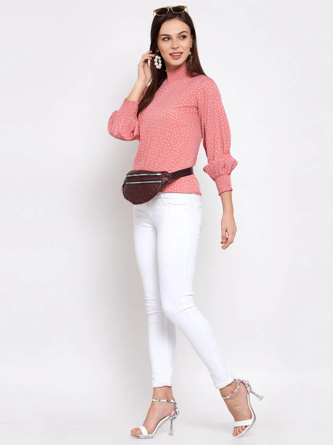 Pink & White Printed Puff Sleeves Crepe Top