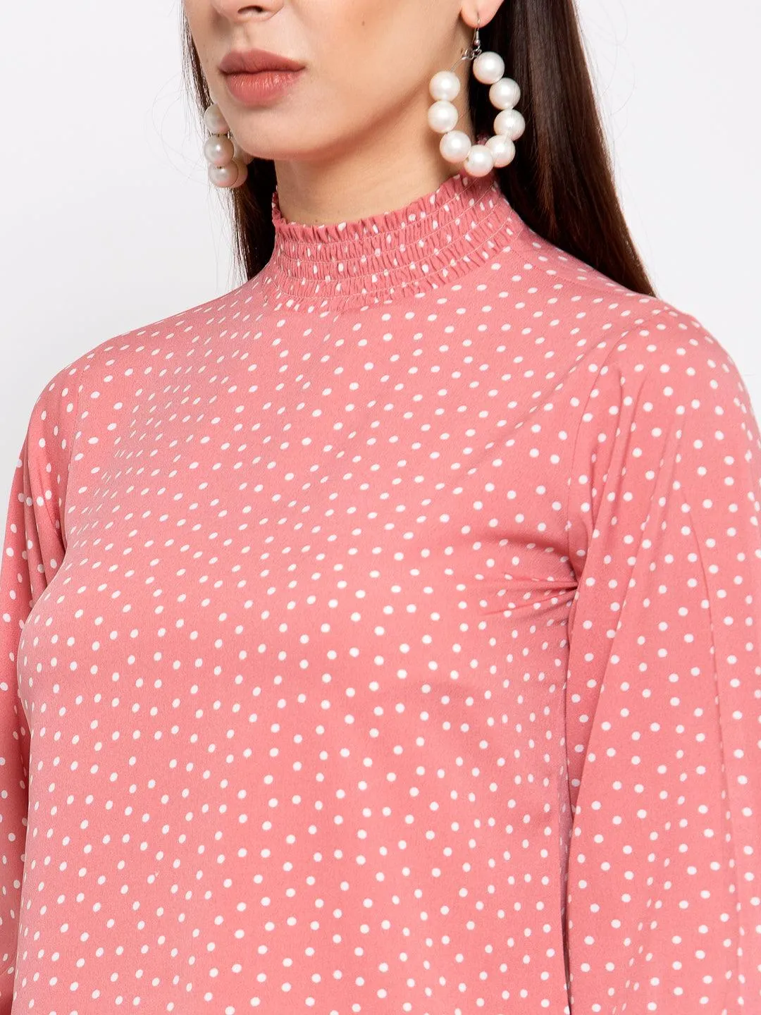 Pink & White Printed Puff Sleeves Crepe Top