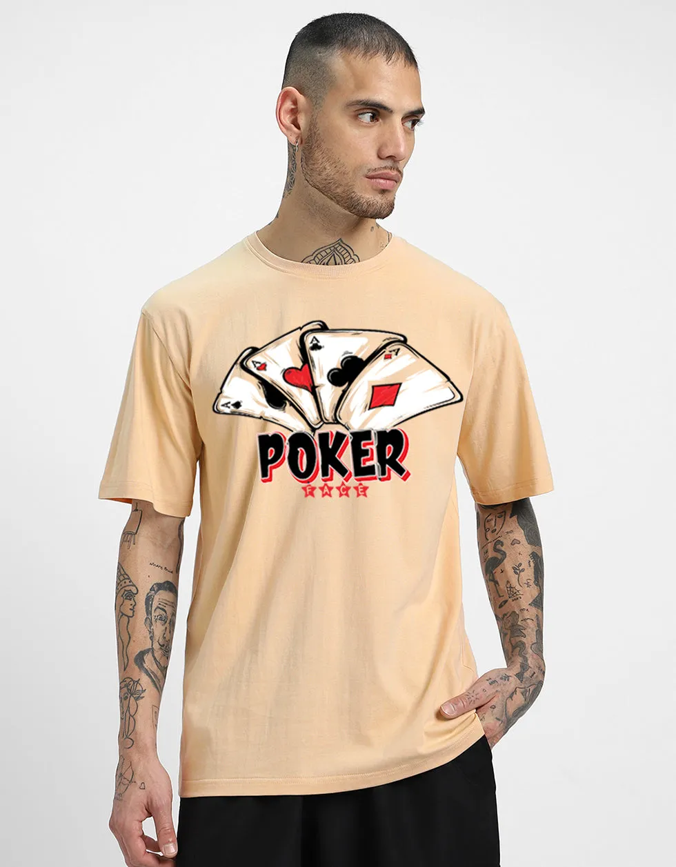 POKER Printed Beige Oversized Front Graphic Printed Tshirt