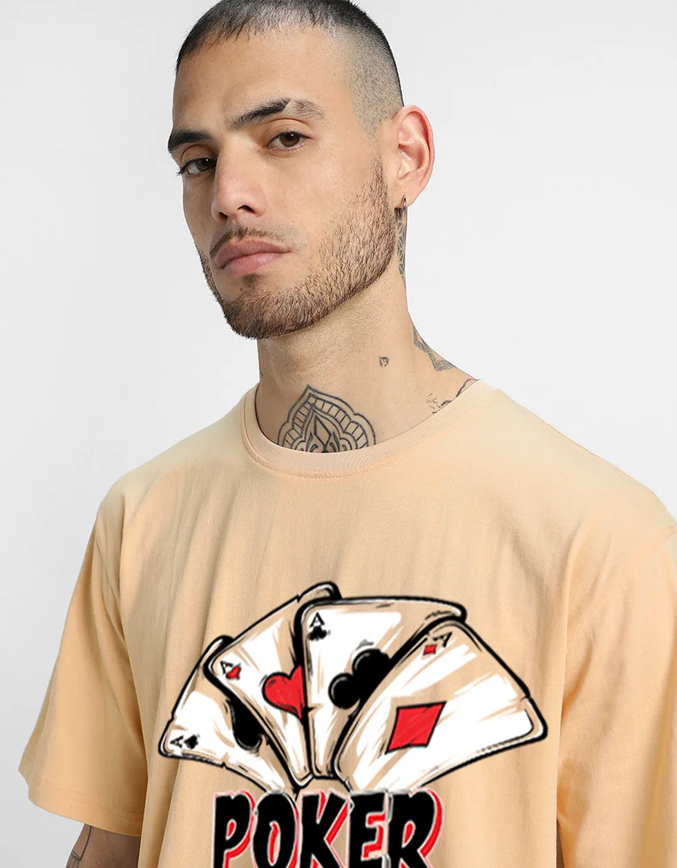 POKER Printed Beige Oversized Front Graphic Printed Tshirt