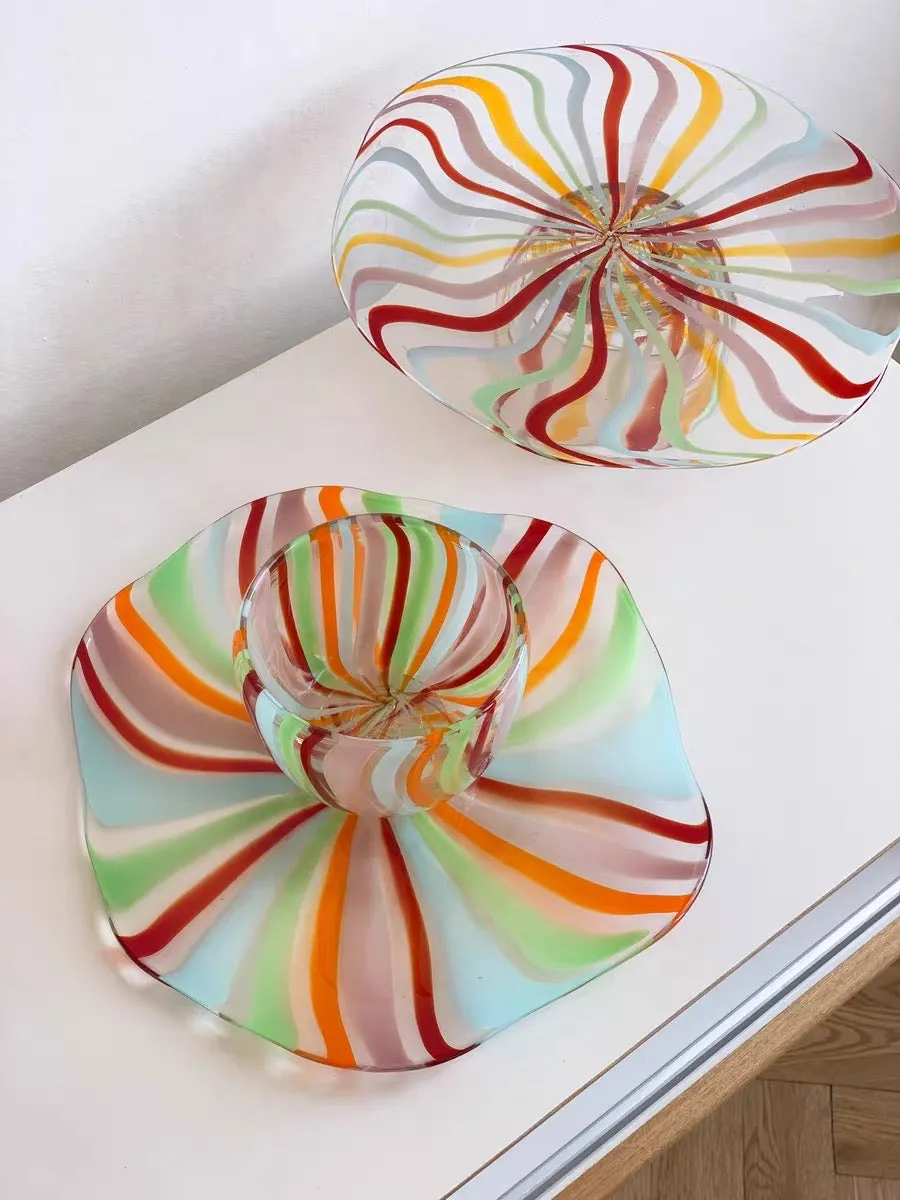 Rainbow Striped Glass Cake Stand