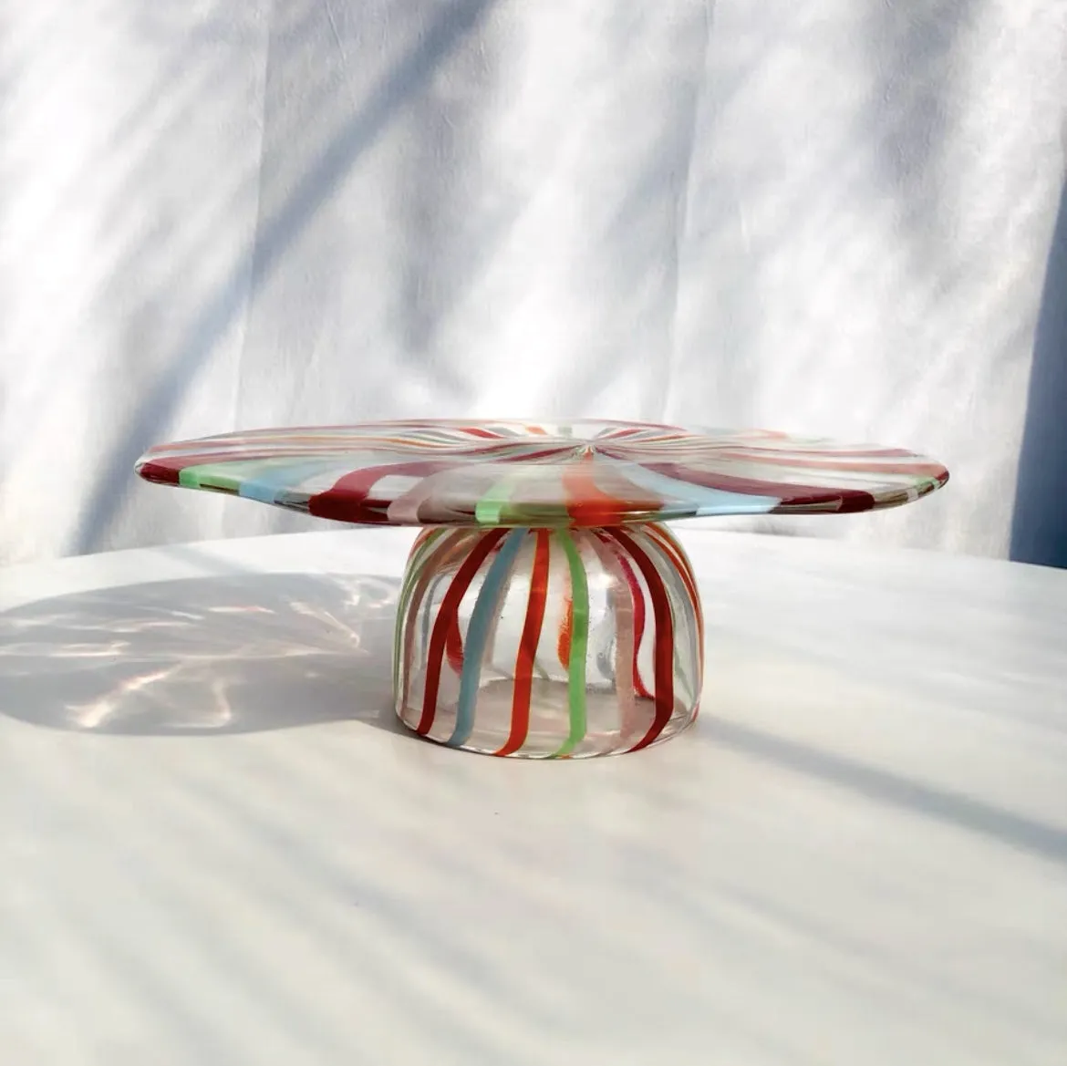 Rainbow Striped Glass Cake Stand