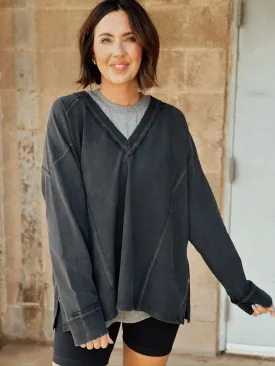 Rib V-Neck Long Sleeve Top - Charcoal