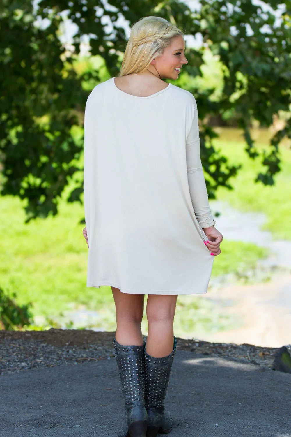 SALE-Long Sleeve V-Neck Piko Tunic - Beige