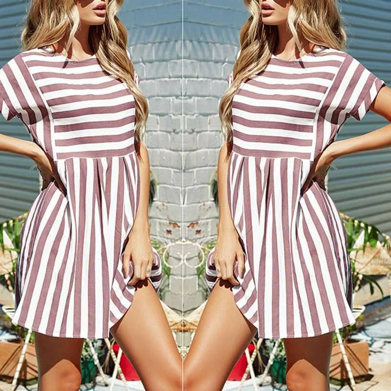 Slimming High Waisted Striped Short Sleeve Swing Dress