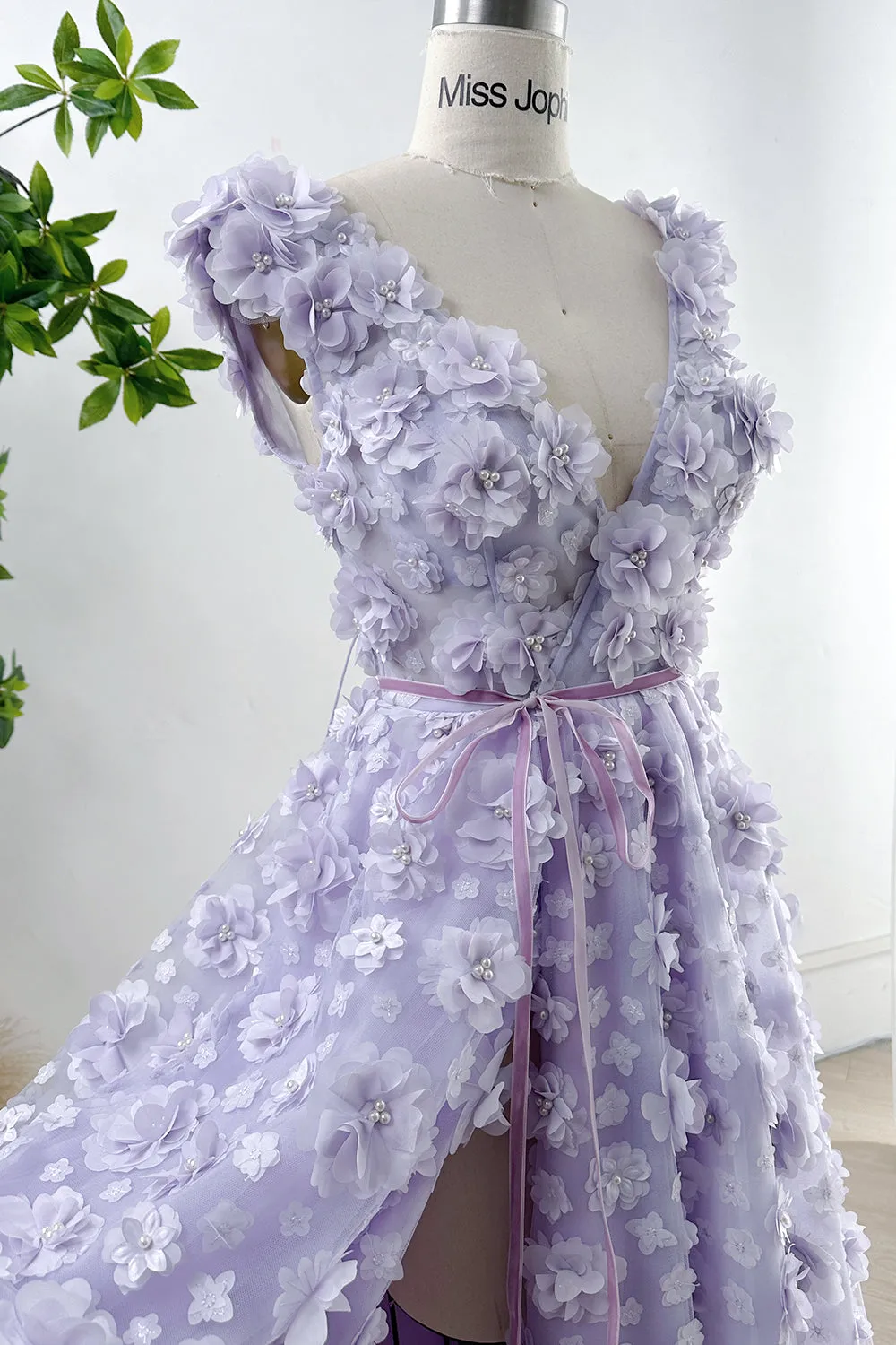 Straps V Neck 3D Floral Lavender Dress with Side Slit