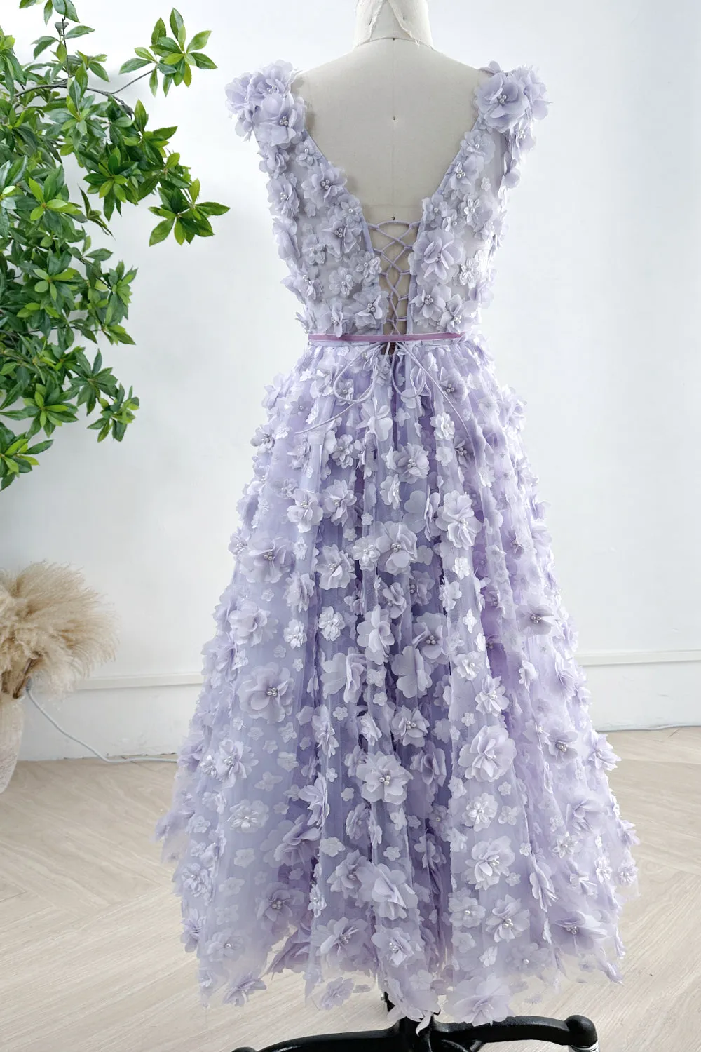 Straps V Neck 3D Floral Lavender Dress with Side Slit