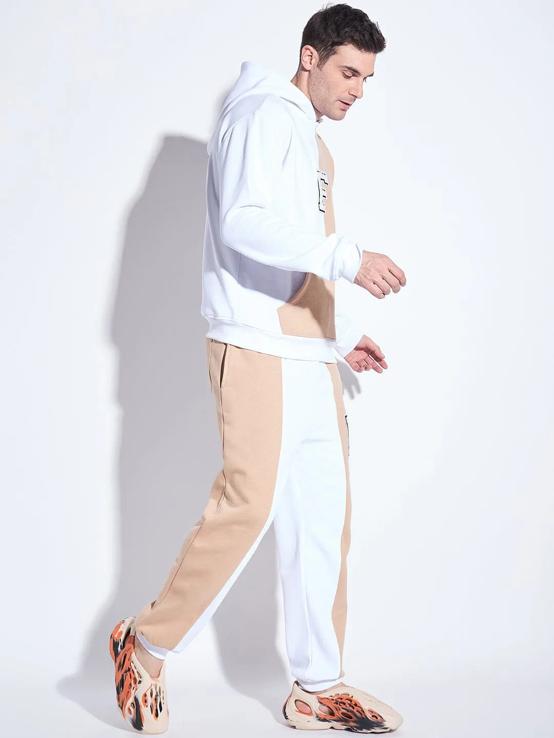 White & Beige Cut Sew Matching Tracksuit