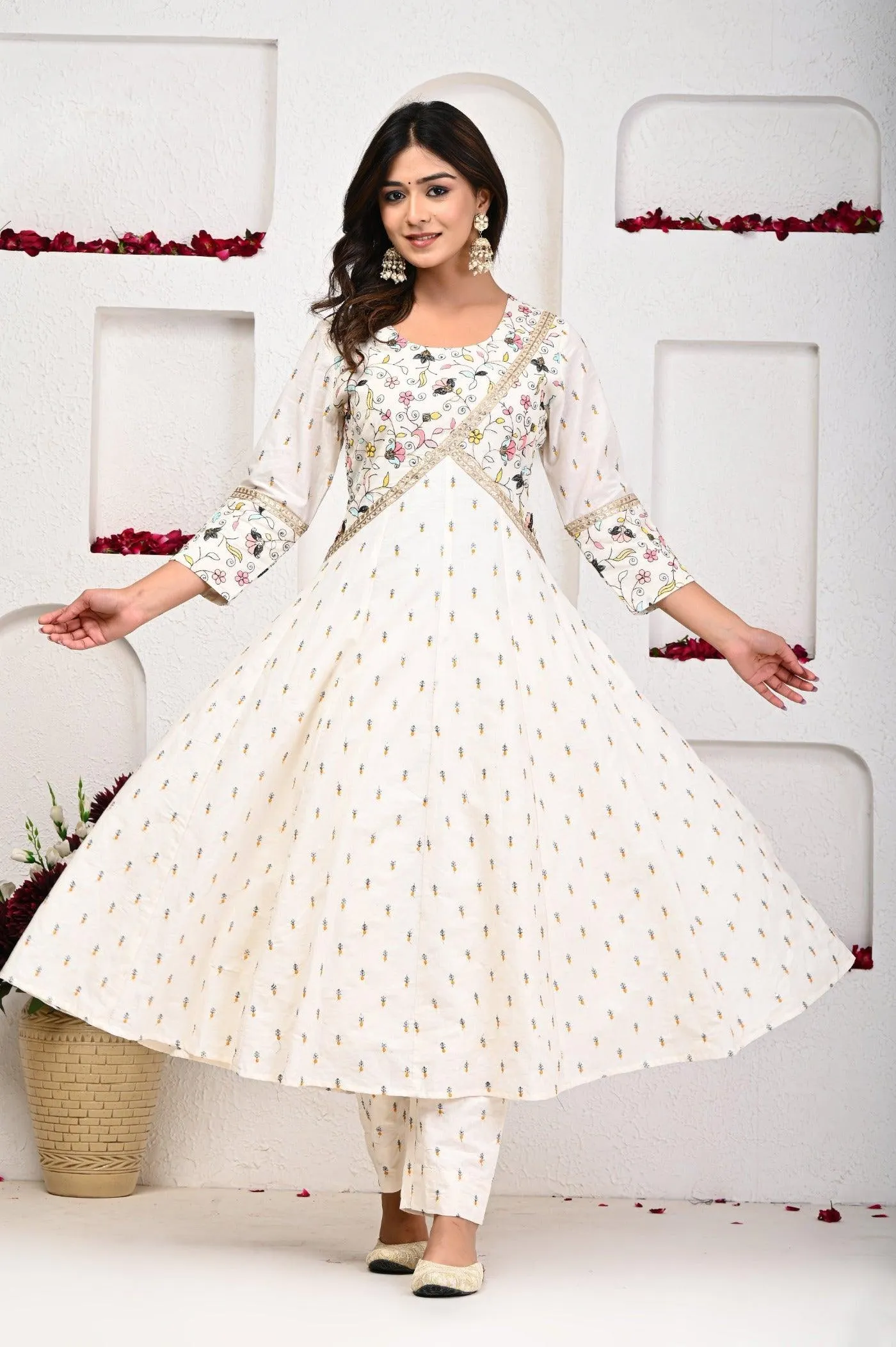 White Anarkali Two Piece Set: Pure Simplicity in Cotton