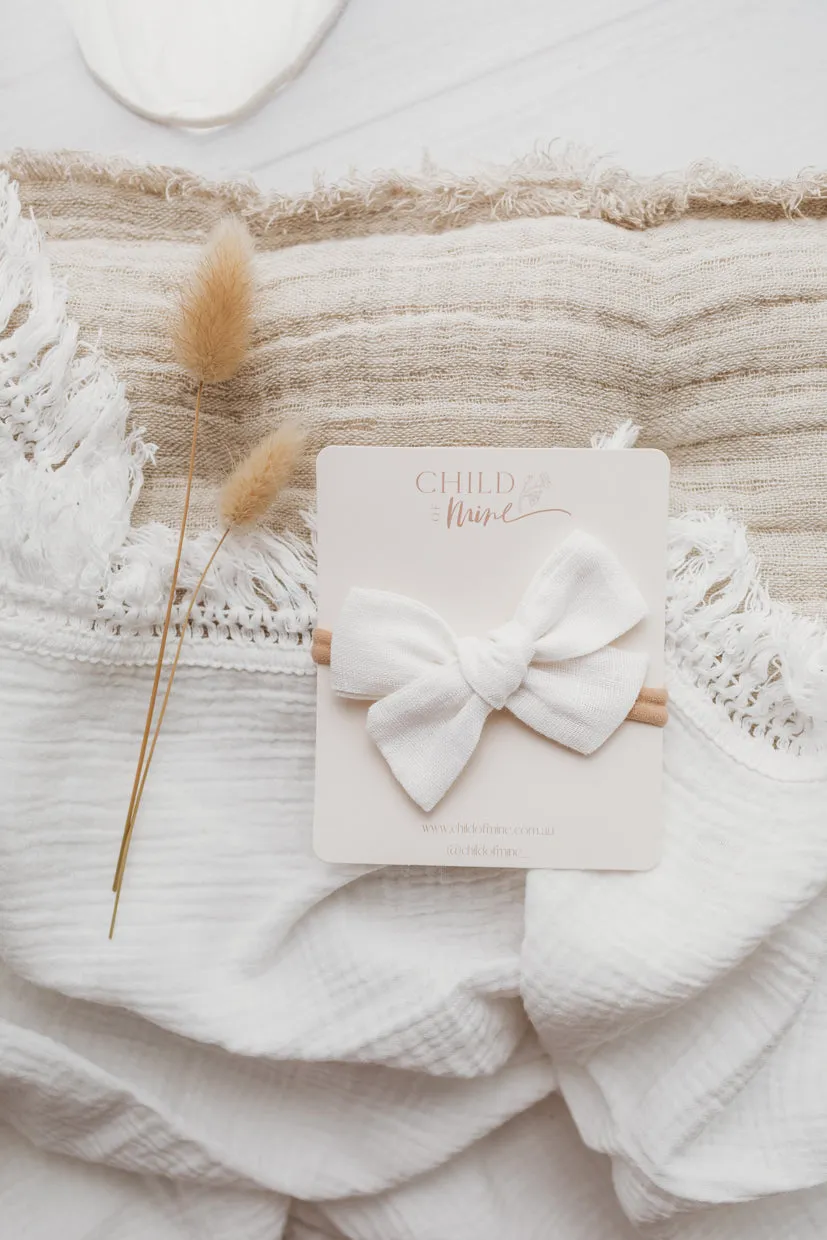 White Linen Bow - Headband