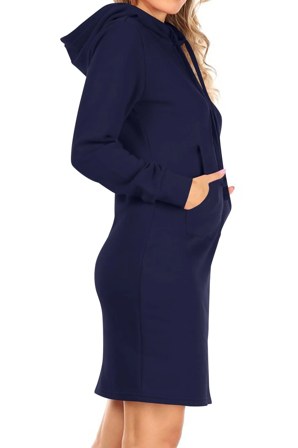 Women's Long Sleeve Fleece Pull On Mini Midi Solid Hooded Dress